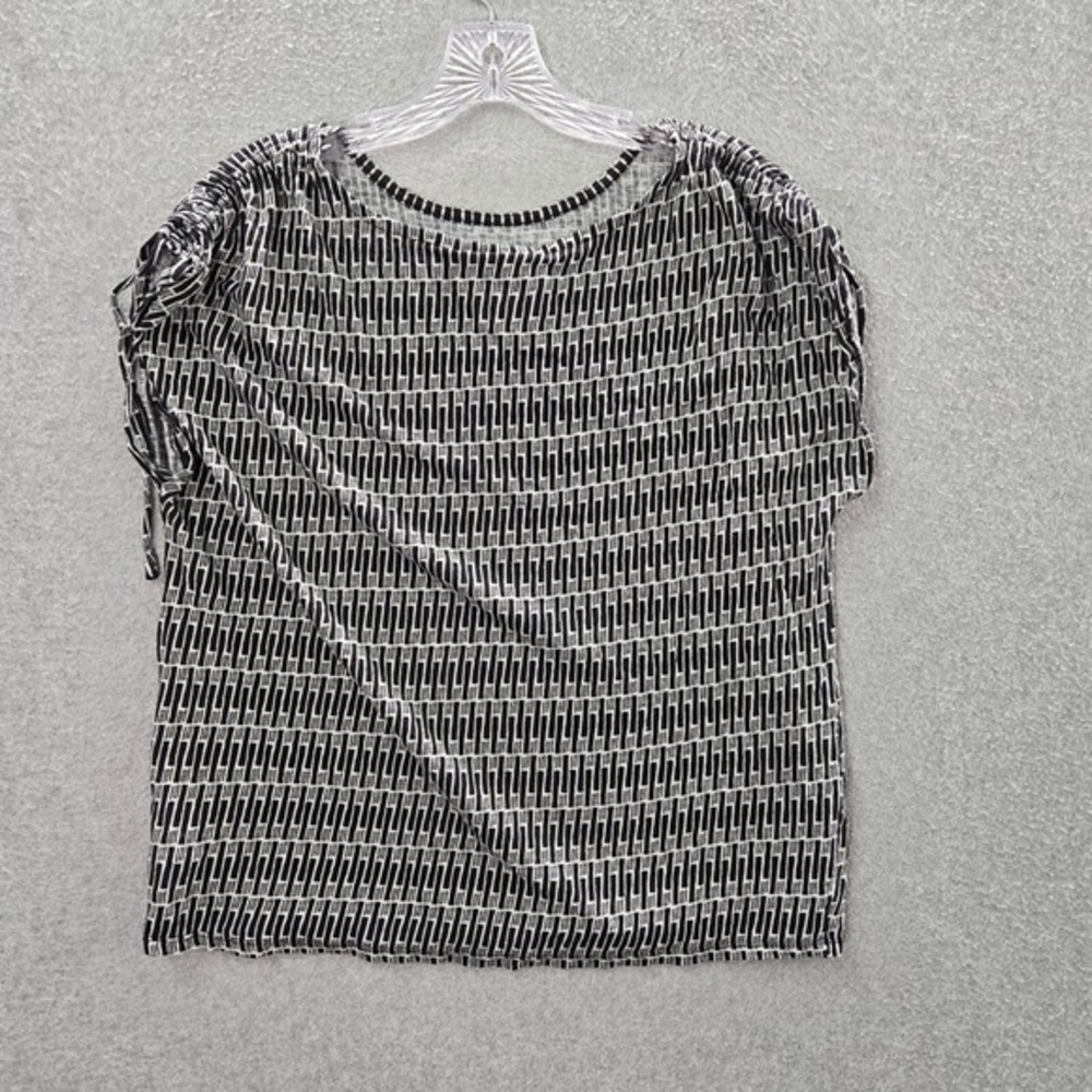 Nicole Miller Women Top XL Black Geometric Shirt 100% Linen Ruched Sleeve Tee